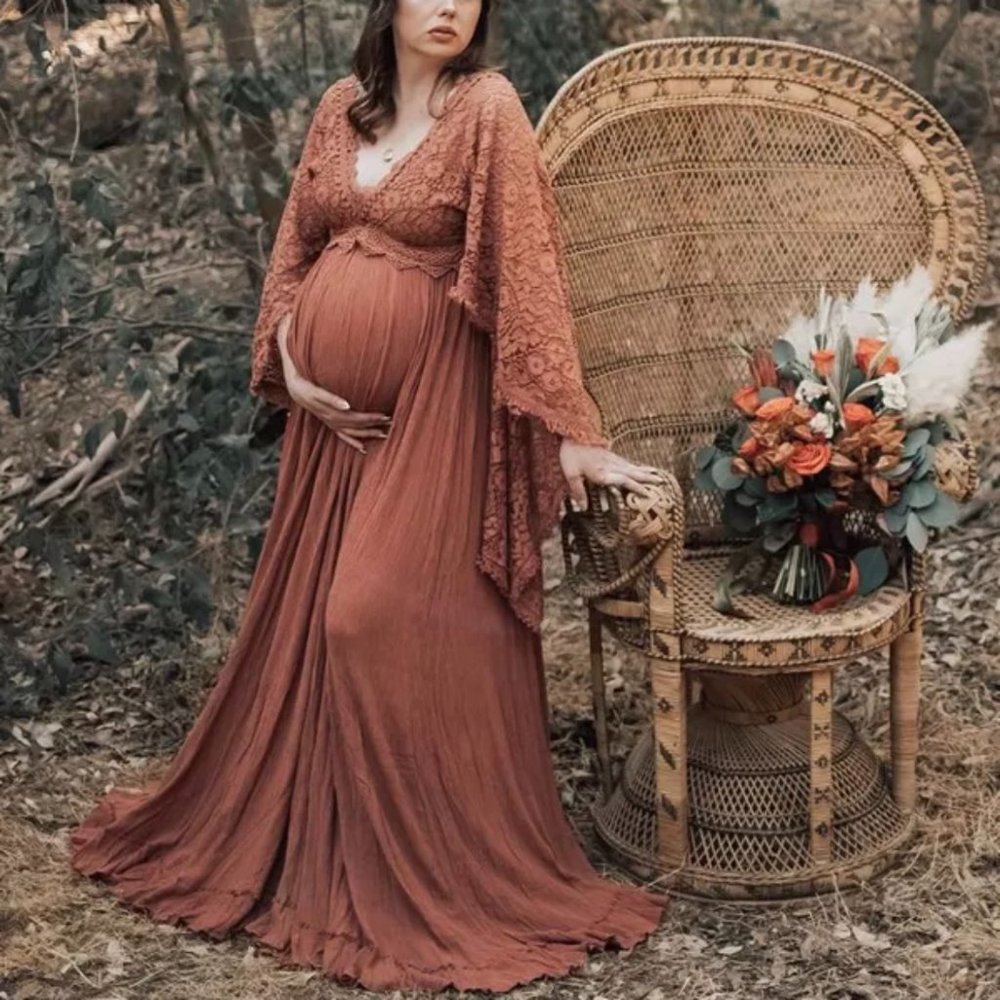 Rust Maternity V-neck Lace Stitching Flared Long Sleeve Dress